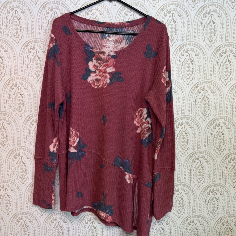 Maurices 24/7 Burgundy Floral Waffle Knit Tunic Top XXL Long Sleeve Asymmetrical
